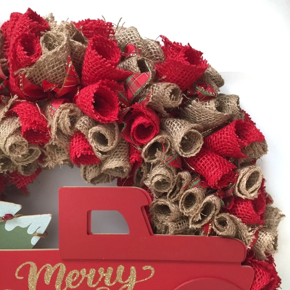 Hand Crafted Christmas Holiday Wreath Red Tan Burlap with Hanger and Storage Bag